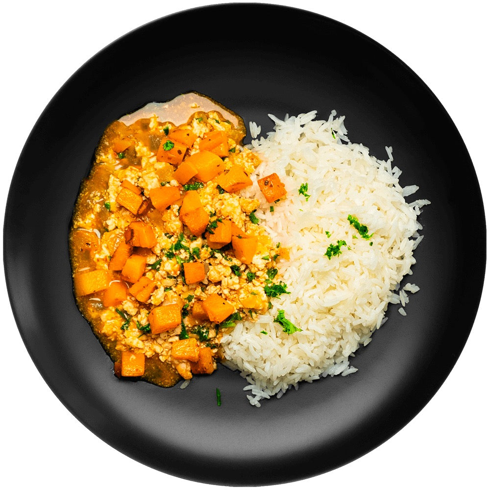 AT THE FARM W/ CHICKEN BREAST WITH SWEET POTATO SAUCE & WHITE RICE