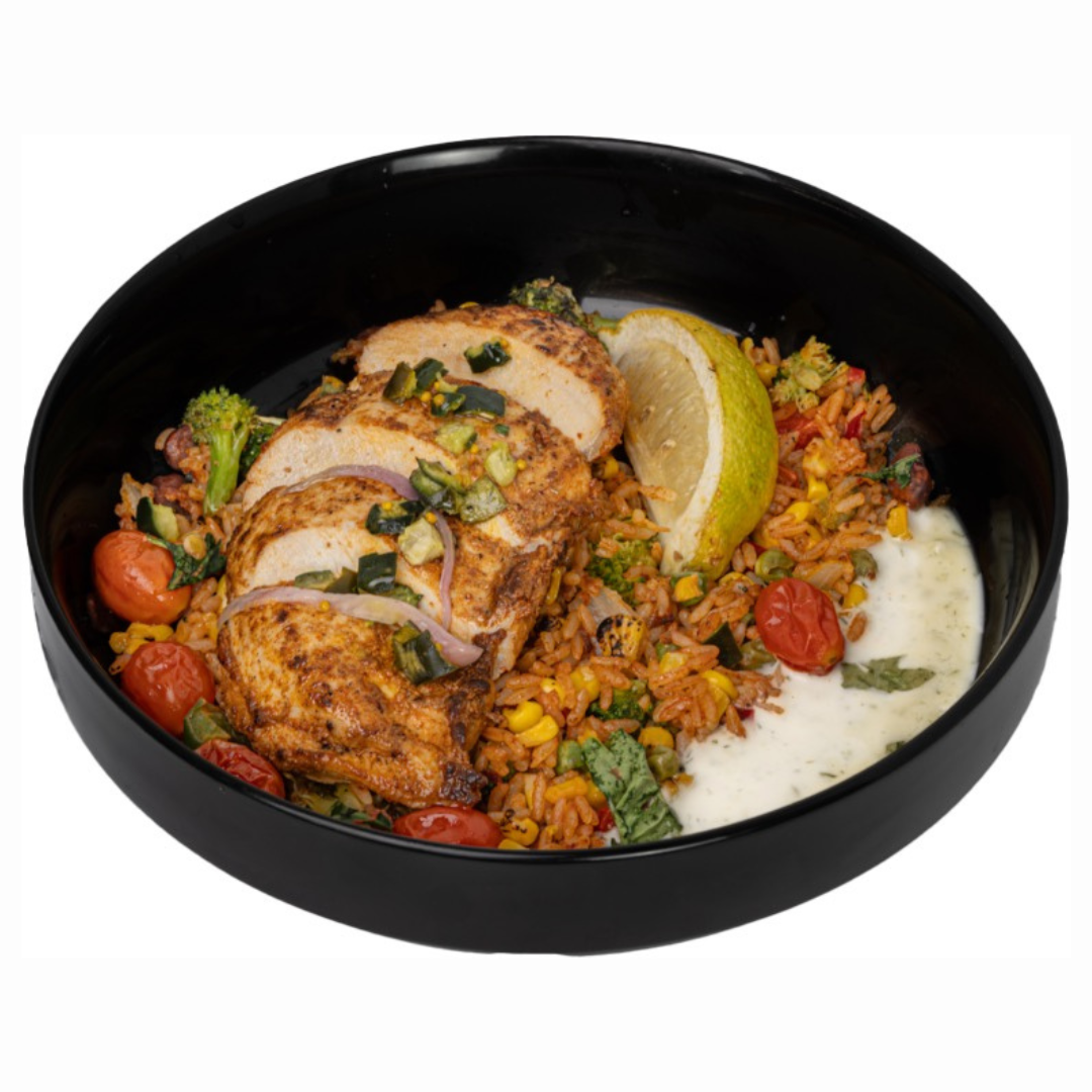 PAVO AHUMADO CON ARROZ MAMPOSTEADO Y VEGETALES LEMON-SAFRON